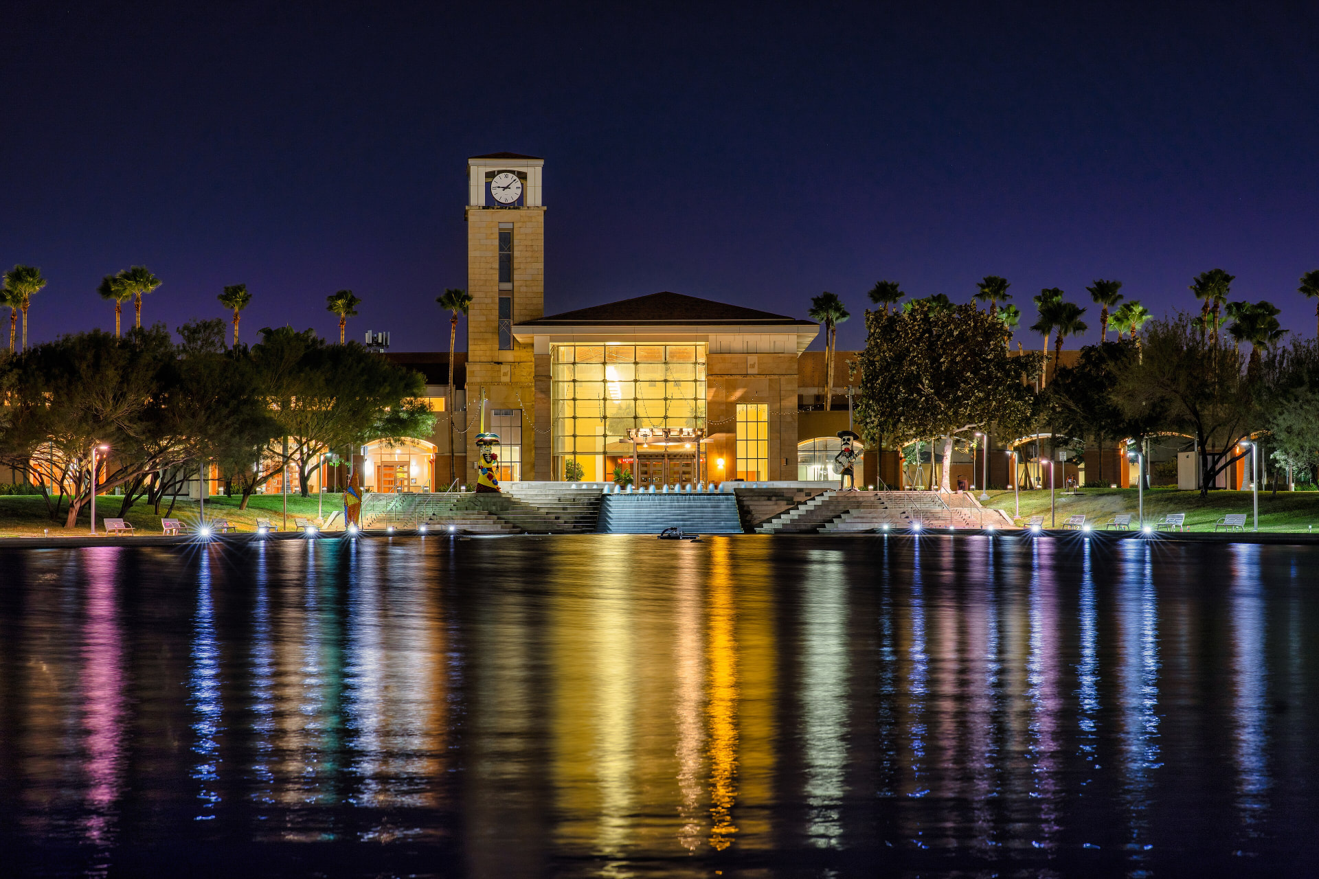 McAllen Convention Center at night reflecting over the water
