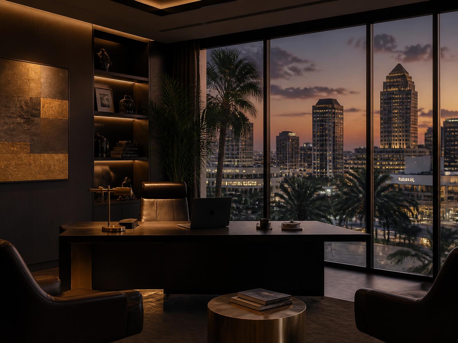Executive office overlooking a South Texas skyline at dusk